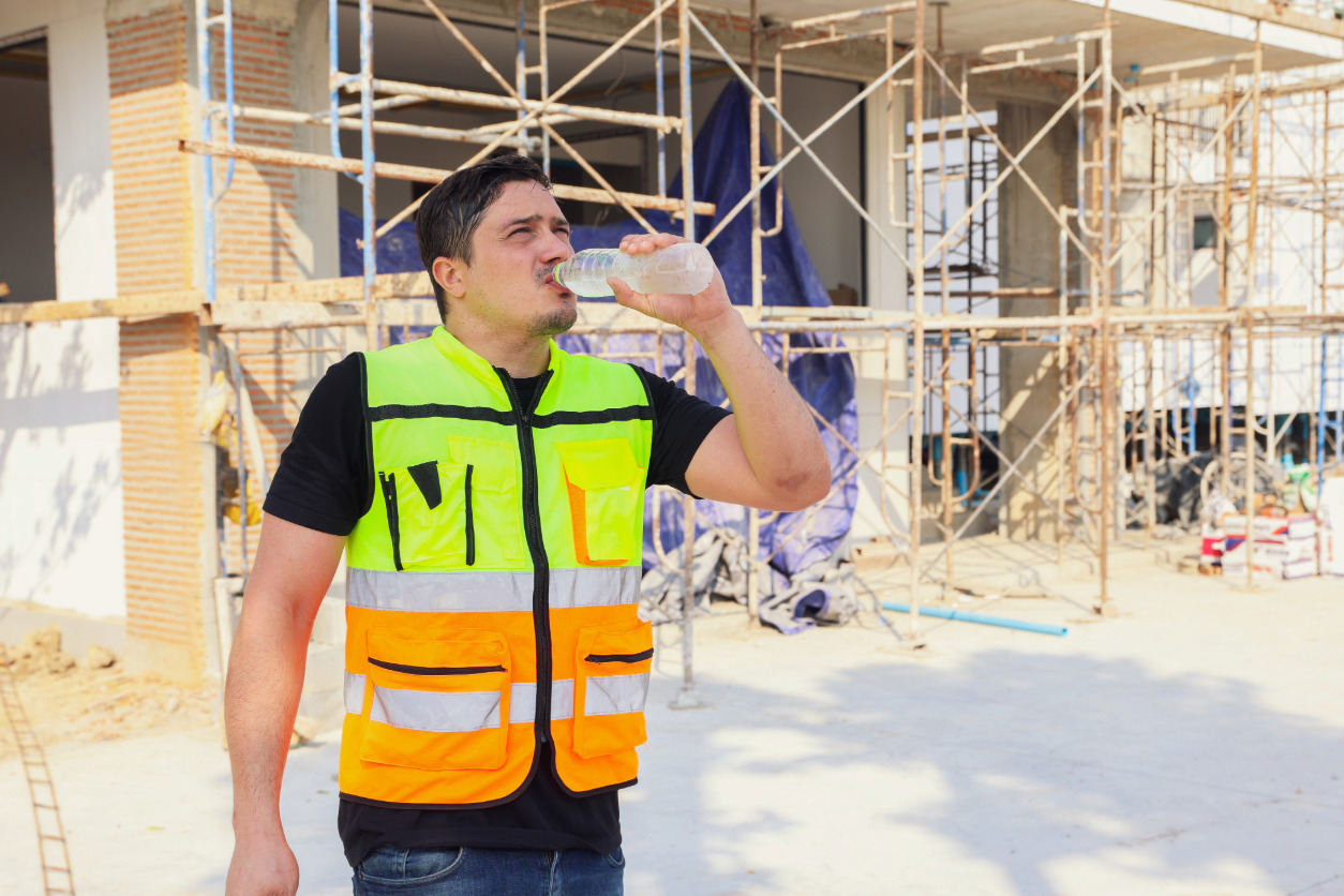 Worker in high-visibility vest drinks water to prevent heat stress at a construction site during extreme heat.