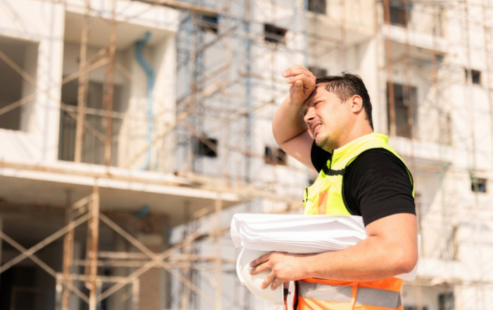 Trabajador de la construcción se seca el sudor bajo el sol en una obra; riesgo de estrés térmico.