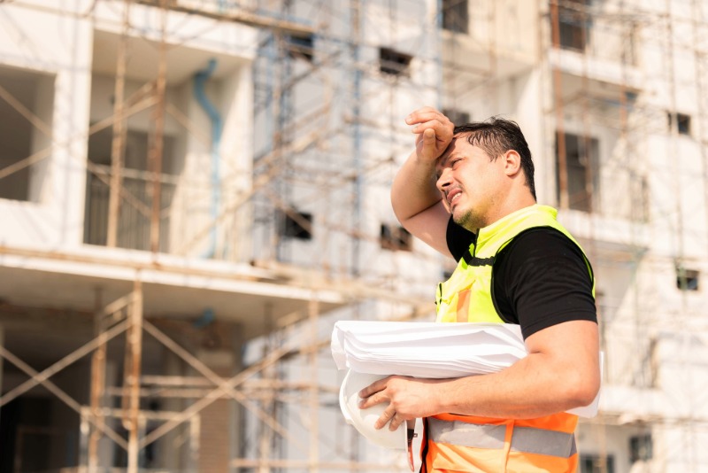 Estrés térmico en obras: prevención y pausas programadas Trabajador de la construcción se seca el sudor bajo el sol en una obra; riesgo de estrés térmico.