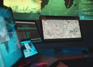 Pantallas de centro de control mostrando mapas de detección de rayos y software de seguimiento de células tormentosas.